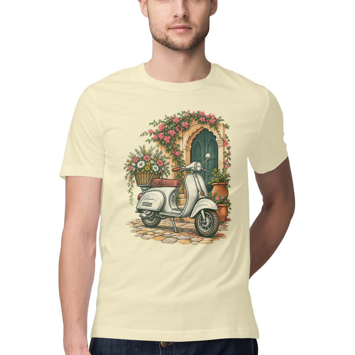 Courtyard Blooms — Regular Unisex T-shirt in Sand — model