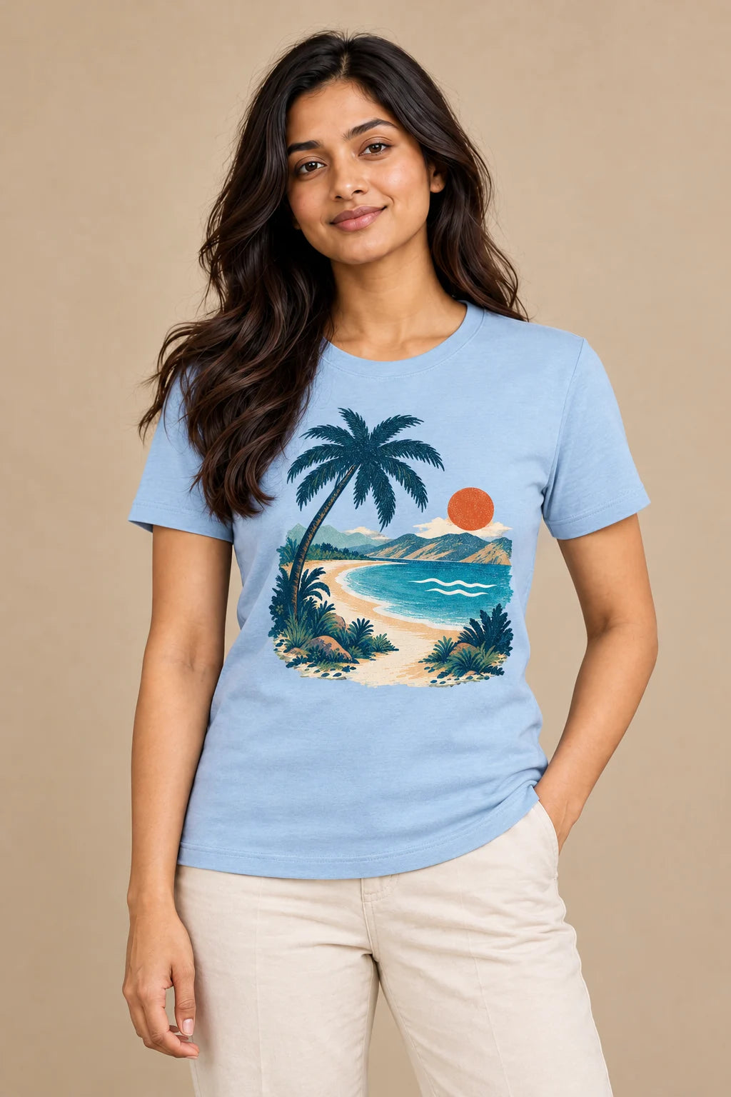 Coastal Pause artwork on a women's Regular Tee