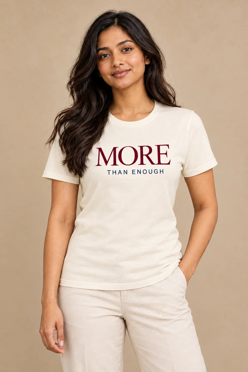 More — Than Enough artwork on a women's Regular Tee