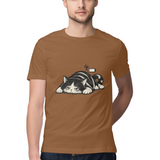 Sleepy Cat — Regular Unisex T-shirt in Chocolate — model