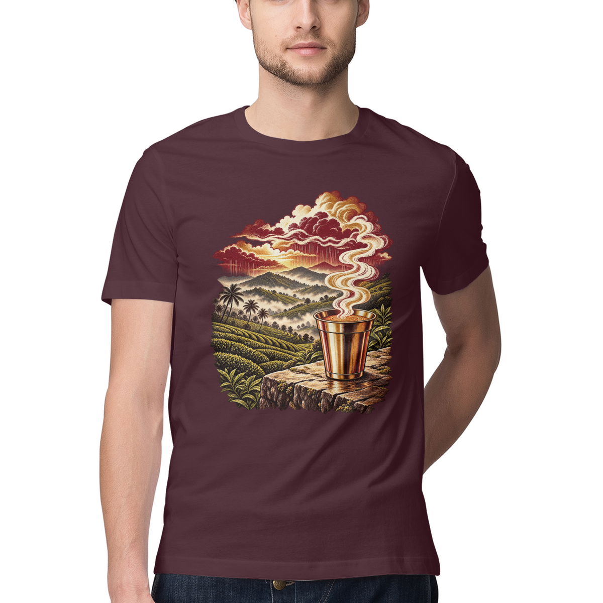 Tea Valley — Regular Unisex T-shirt in Burgundy — model