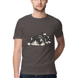 Sleepy Cat — Regular Unisex T-shirt in Charcoal — model