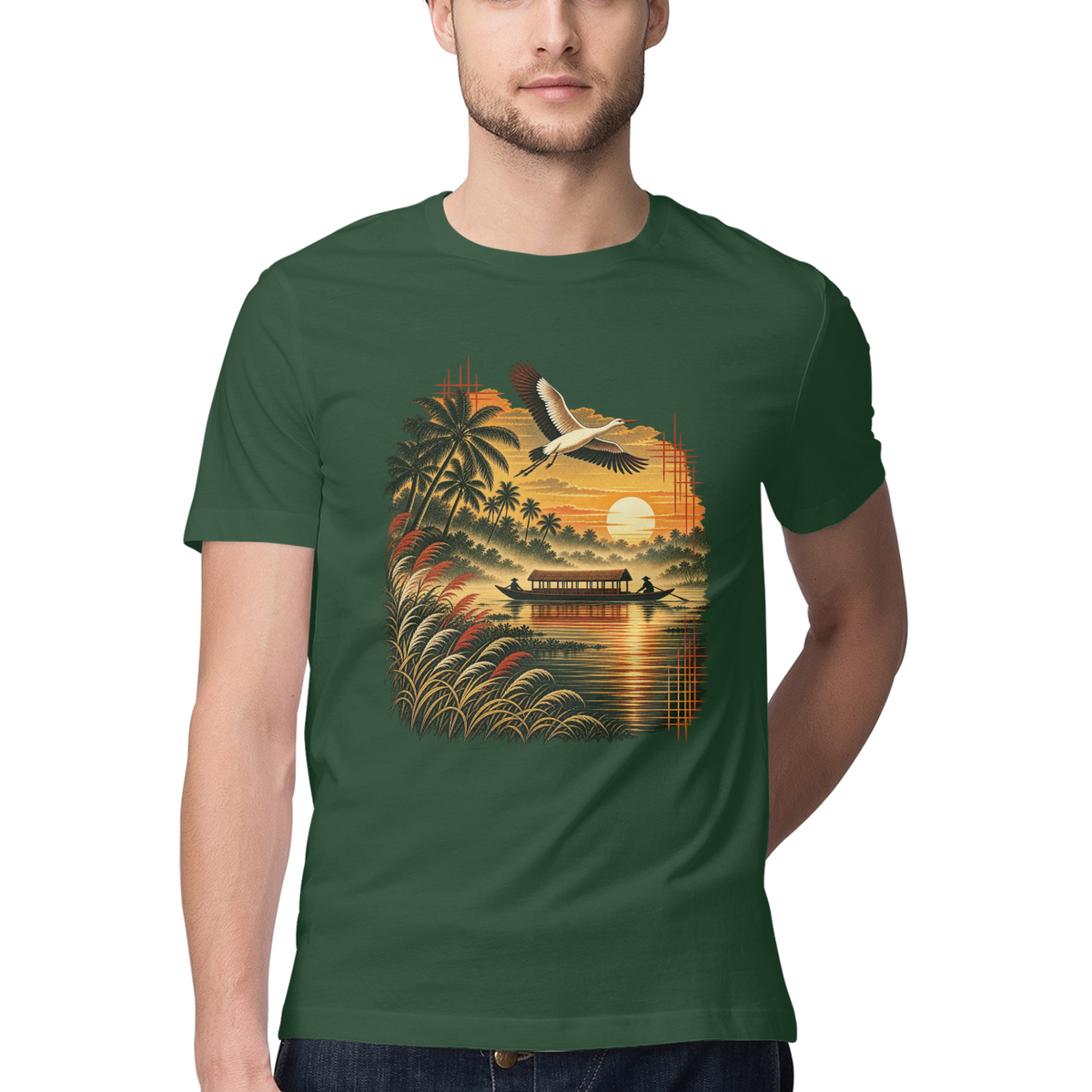 Golden Backwater — Regular Unisex T-shirt in Forest Green — model