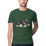 Sleepy Cat — Regular Unisex T-shirt in Forest Green — model