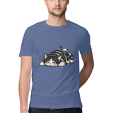 Sleepy Cat — Regular Unisex T-shirt in Slate Blue — model