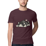 Sleepy Cat — Regular Unisex T-shirt in Burgundy — model
