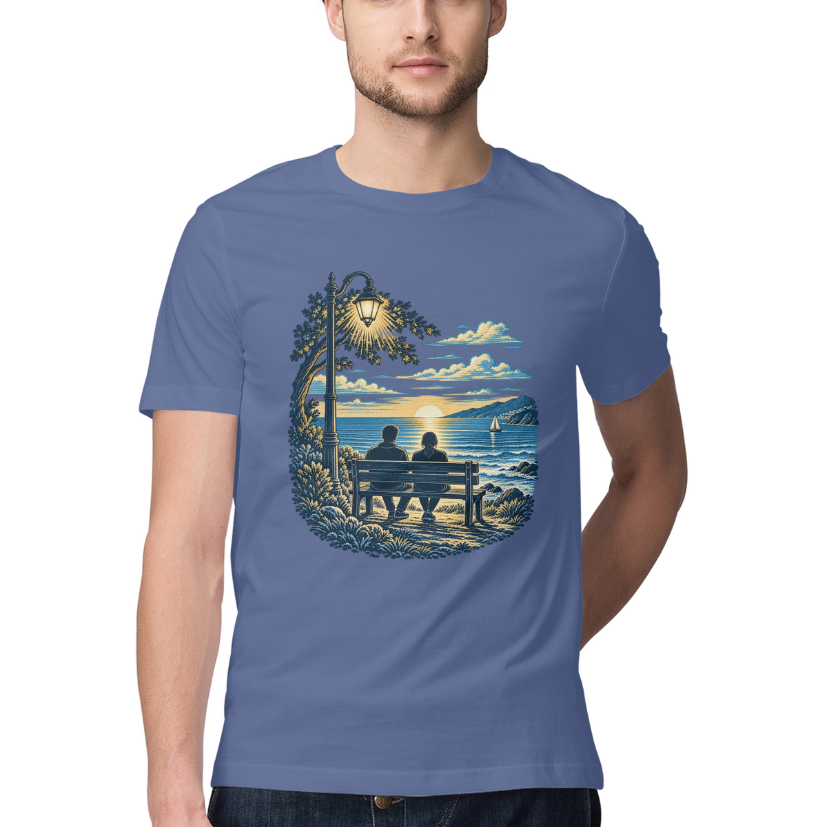 Evening Company — Regular Unisex T-shirt in Slate Blue — model