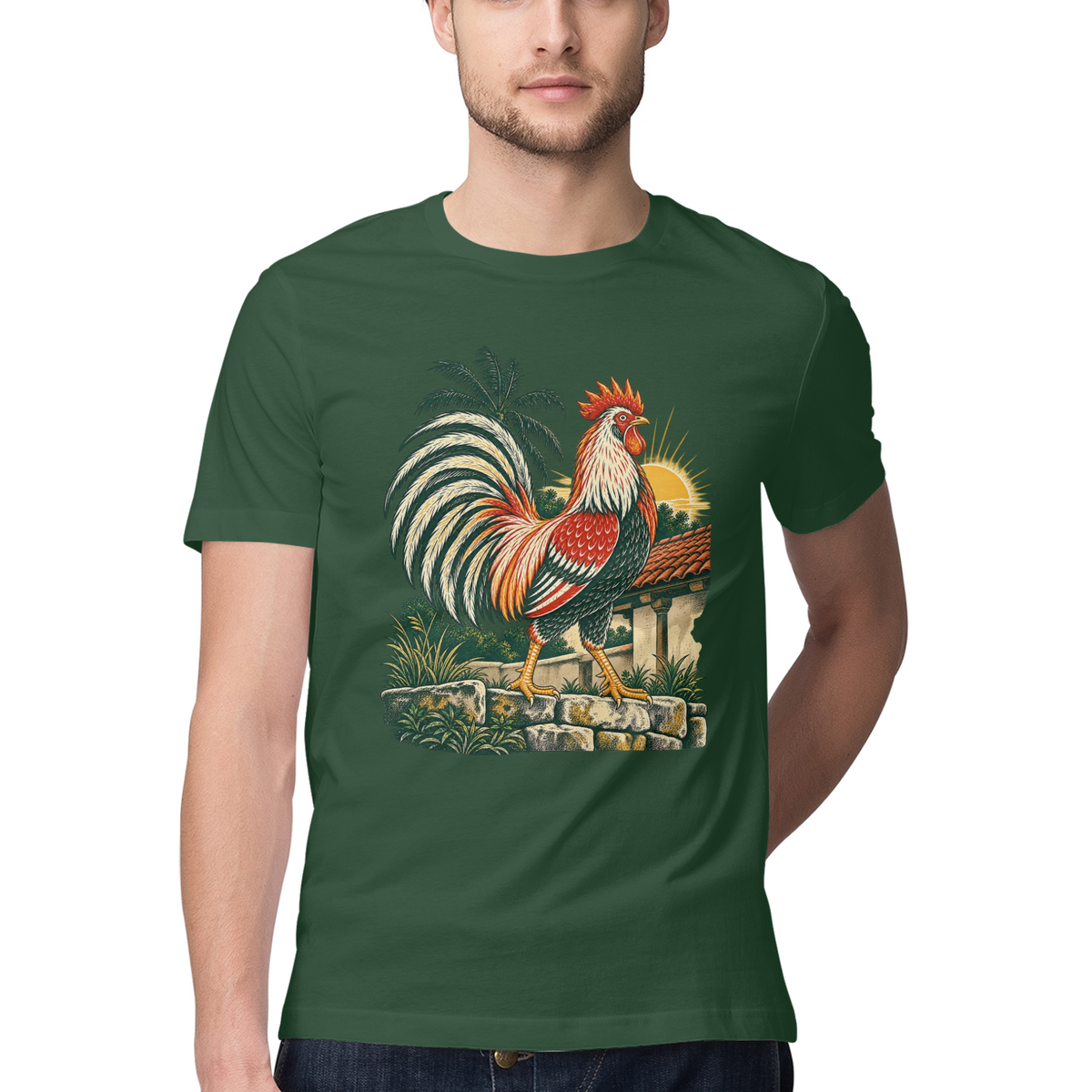 Village Morning — Regular Unisex T-shirt in Forest Green — model