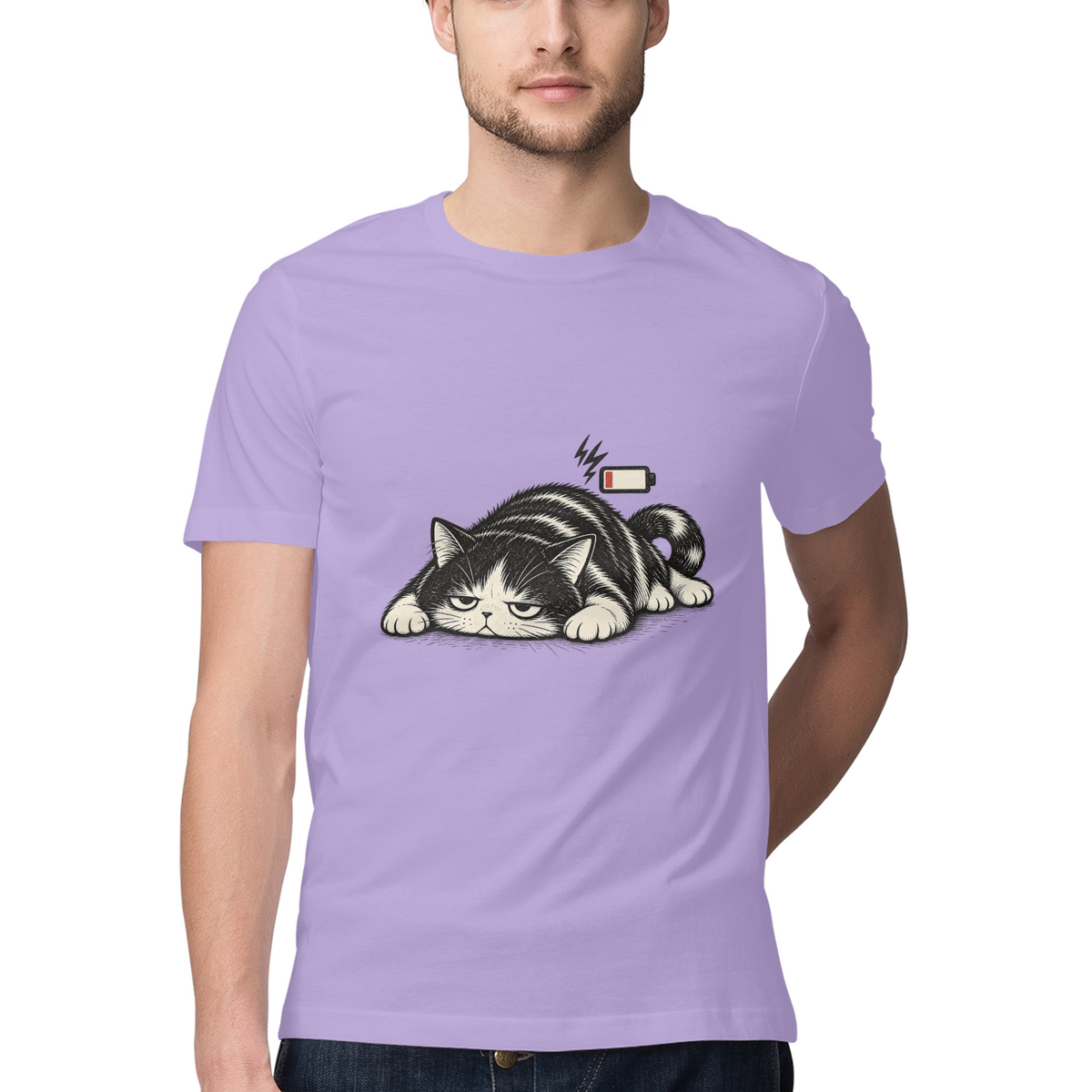 Sleepy Cat — Regular Unisex T-shirt in Lavender — model