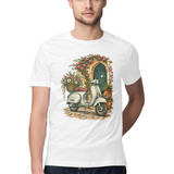 Courtyard Blooms — Regular Unisex T-shirt in White — model
