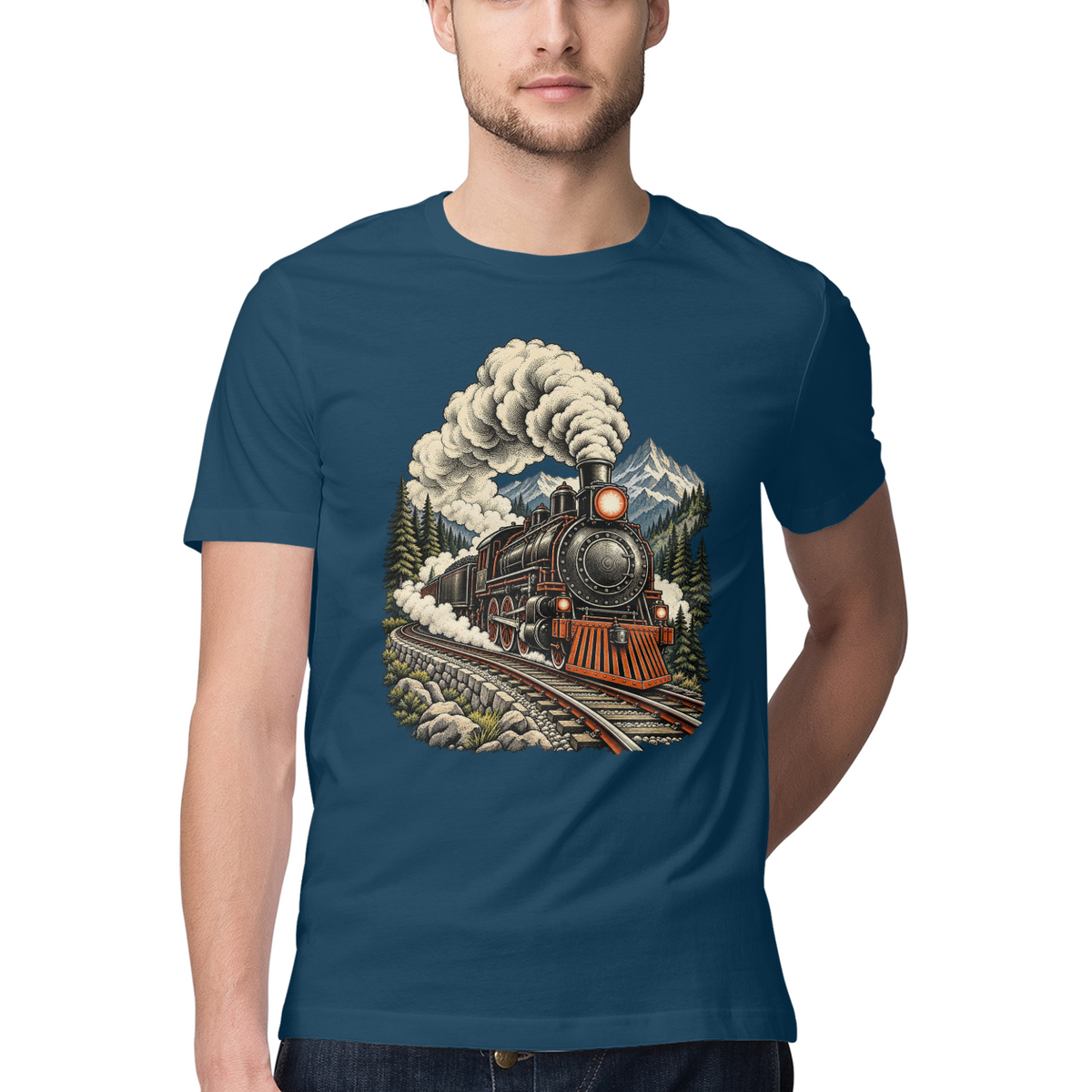 Mountain Express — Regular Unisex T-shirt in Navy — model