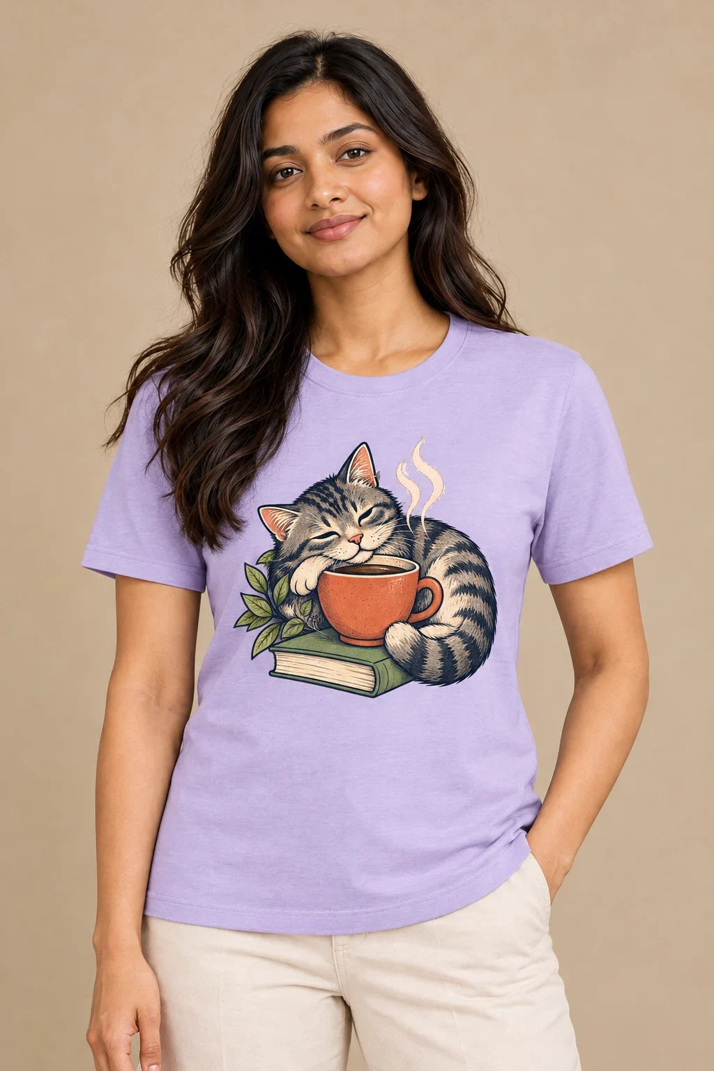 Café Cat artwork on a women's Regular Tee