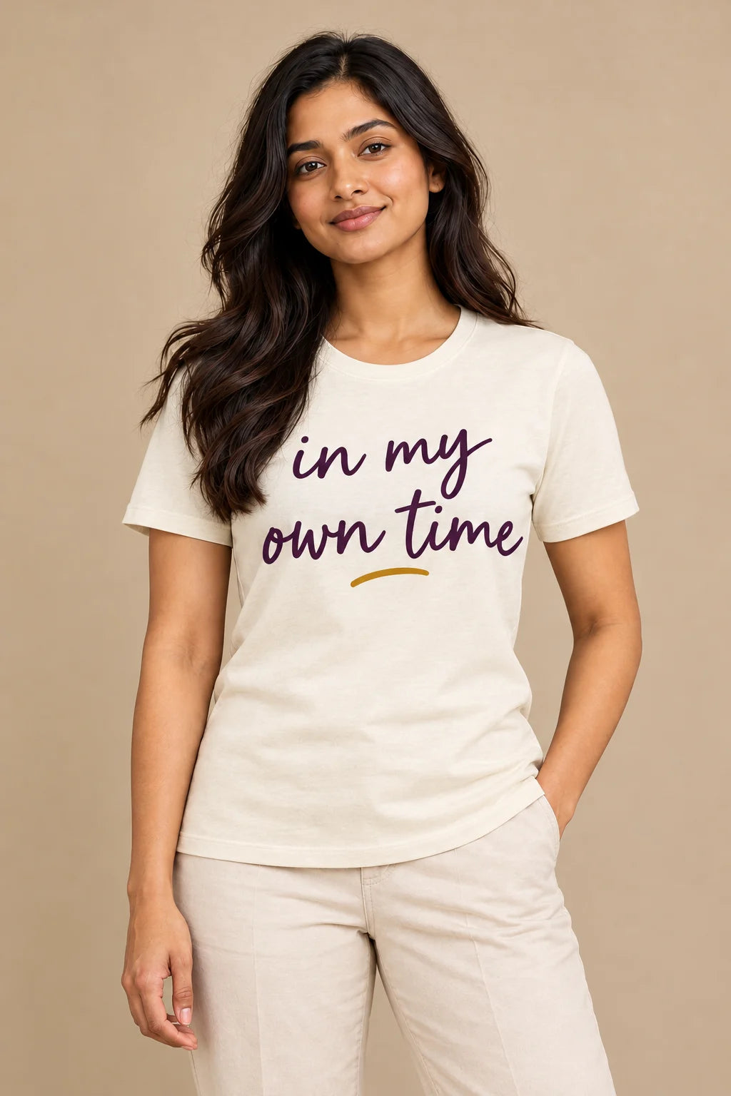 Own Time artwork on a women's Regular Tee