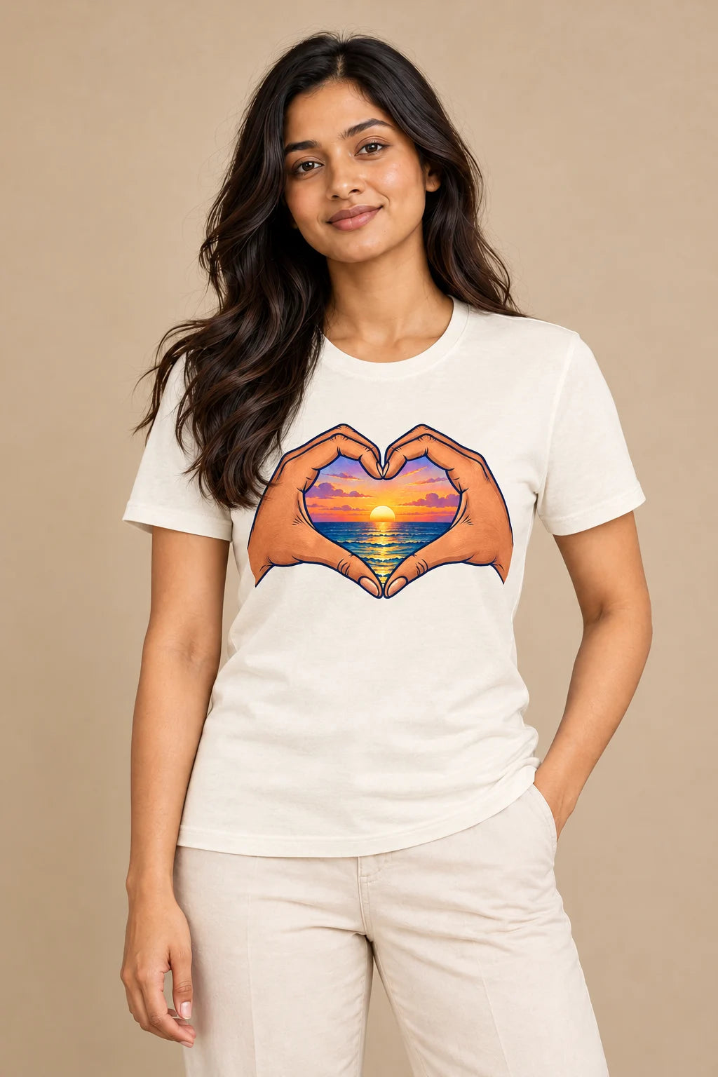 Hands Heart Sunset artwork on a women's Regular Tee