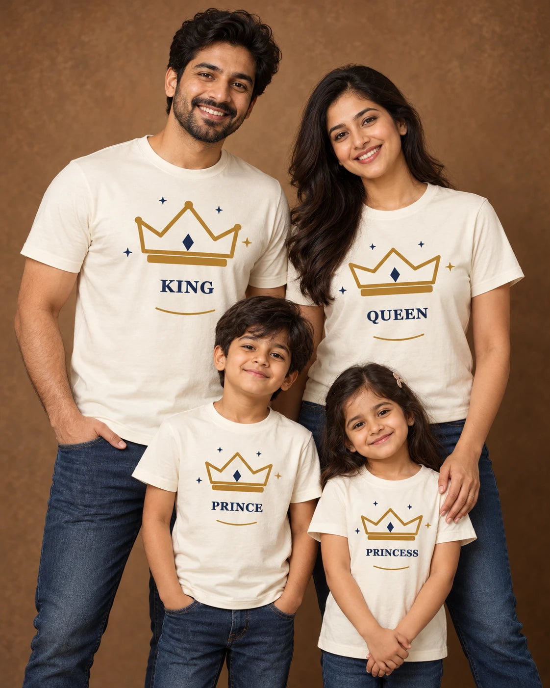 Family wearing coordinated N2D King, Queen, Prince and Princess T-shirts