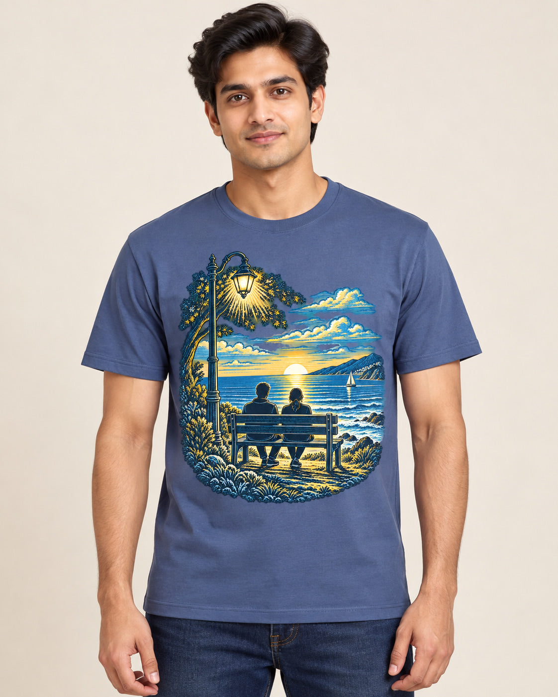 Model wearing Beach Bench — Regular Unisex T-shirt