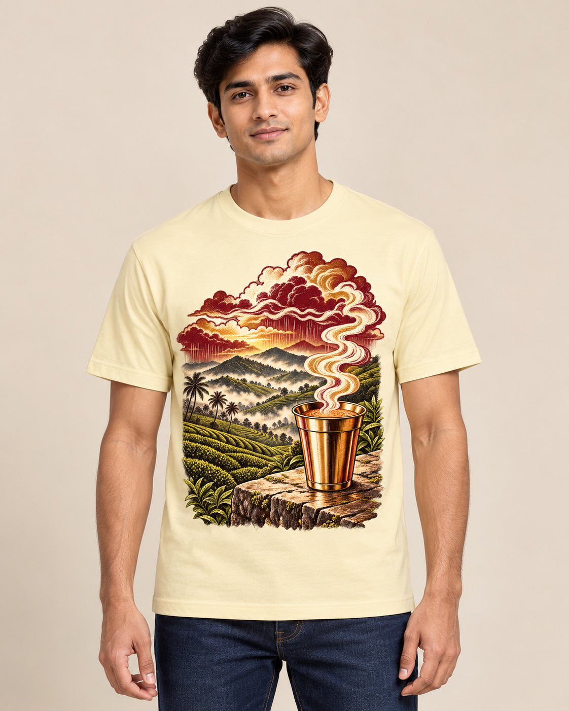 Model wearing Tea Valley — Regular Unisex T-shirt