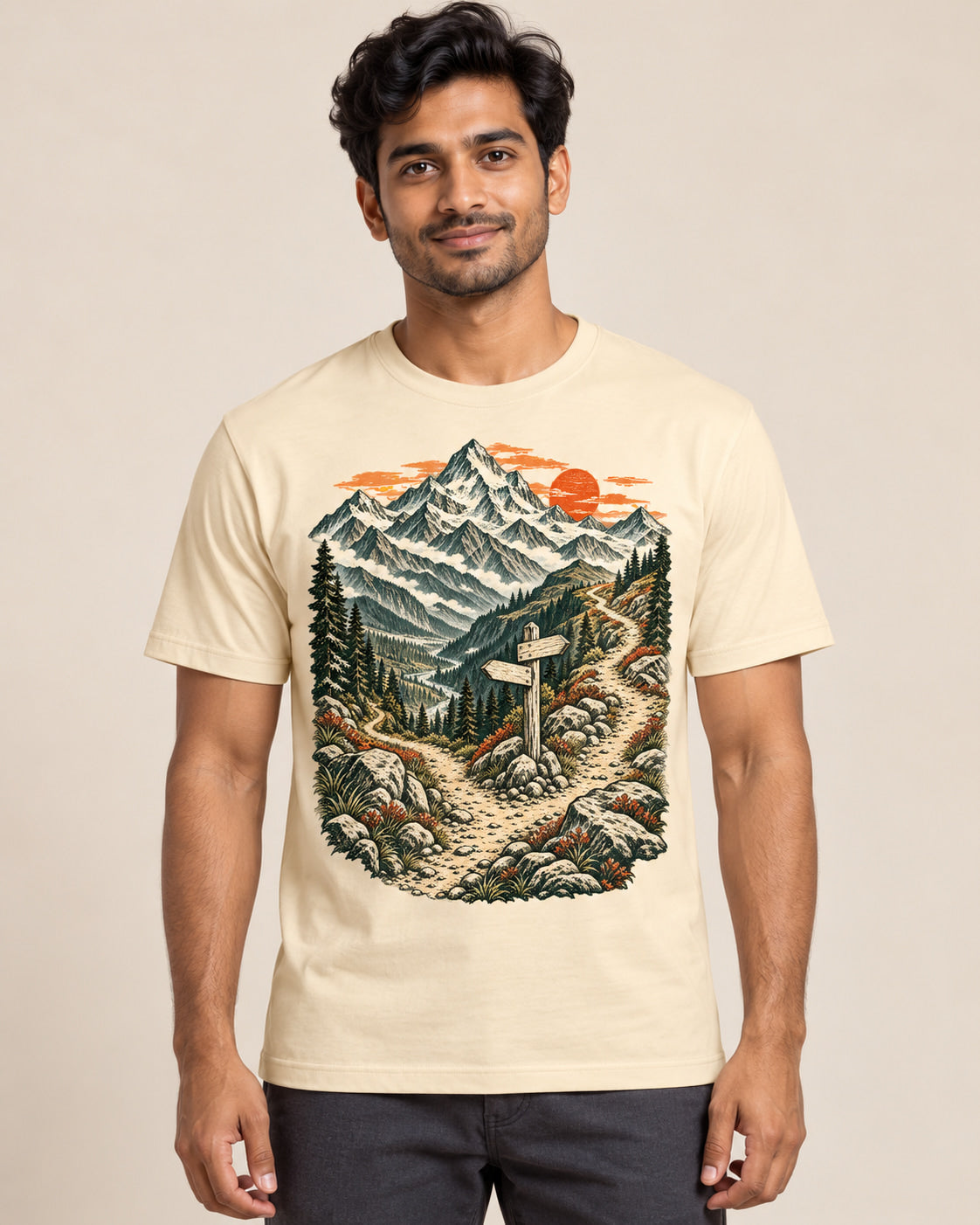 Model wearing Himalayan Fork — Regular Unisex T-shirt