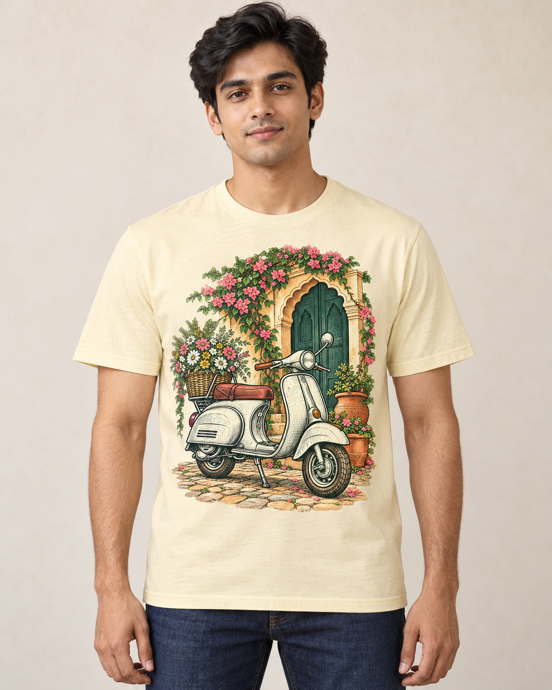 Model wearing Courtyard Blooms — Regular Unisex T-shirt
