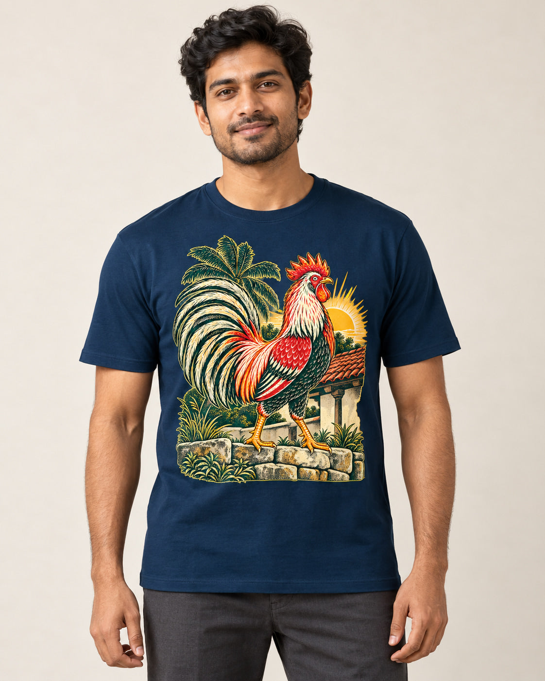 Model wearing Village Morning — Regular Unisex T-shirt